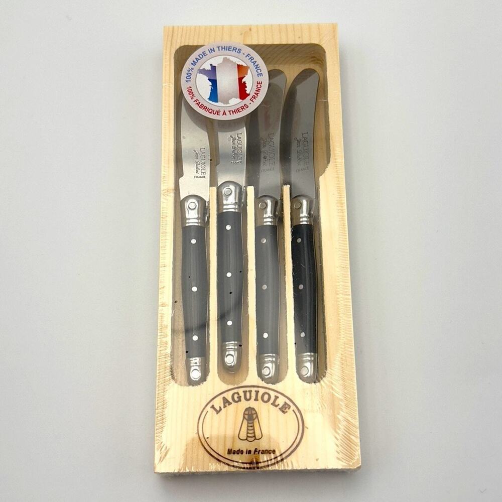 New - Laguiole Four Cheese & Appetizers Knives Black Handles Wooden Case Sealed - Picture 4 of 4